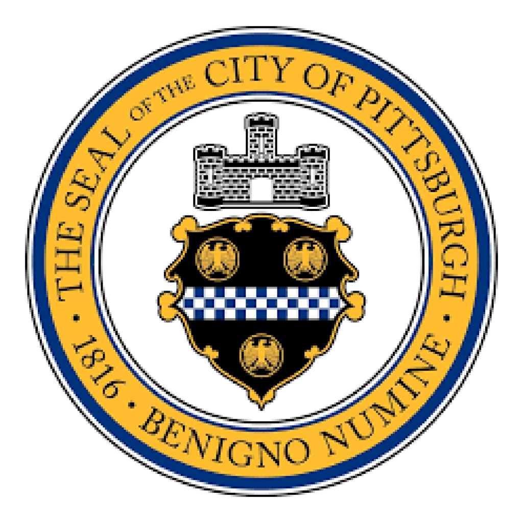 A detailed circular seal for the City of Pittsburgh with a gold outer ring. The text reads "THE SEAL OF THE CITY OF PITTSBURGH" and "1816 • BENIGNO NUMINE." The center features a castle tower and a black shield with a blue and white checkered band and three golden eagles.