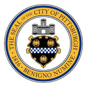 A detailed circular seal for the City of Pittsburgh with a gold outer ring. The text reads "THE SEAL OF THE CITY OF PITTSBURGH" and "1816 • BENIGNO NUMINE." The center features a castle tower and a black shield with a blue and white checkered band and three golden eagles.