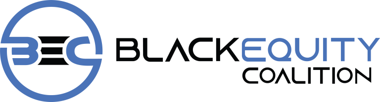 The complete professional logo for the Black Equity Coalition. It features a circular "BEC" icon on the left, followed by the word "BEC" in large, bold font, with "BLACK EQUITY COALITION" stacked vertically in clean, sans-serif typography to the right.