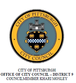 Circular seal for the City of Pittsburgh City Council featuring a central crest with a checkered band and three eagles. Below the seal, blue text identifies the Office of City Council District 9 and Councilmember Khari Mosley.