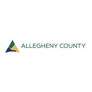 A minimalist logo for Allegheny County featuring a geometric triangle icon composed of green, yellow, and blue sections representing land and water. The county name is written in a clean, dark green sans-serif font.