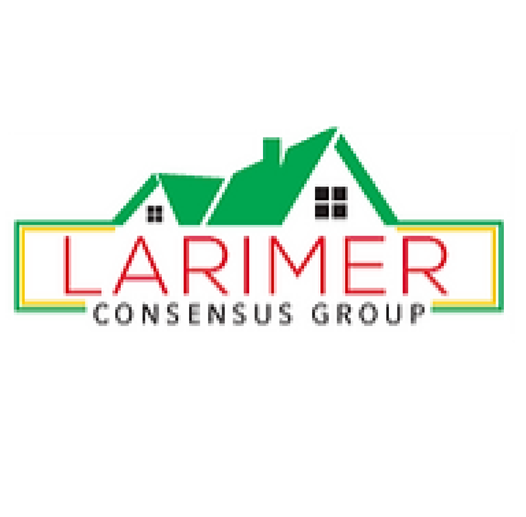 A logo featuring a green silhouette of residential houses and rooftops above the word LARIMER in red capital letters. The phrase CONSENSUS GROUP is written in grey below, all framed by a yellow and green geometric border.