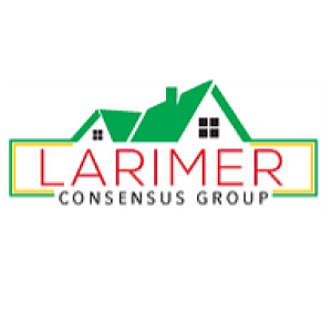 A logo featuring a green silhouette of residential houses and rooftops above the word LARIMER in red capital letters. The phrase CONSENSUS GROUP is written in grey below, all framed by a yellow and green geometric border.