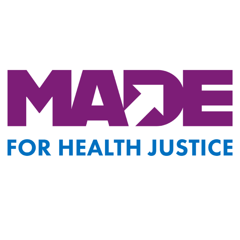 A logo featuring the word MADE in thick purple letters with a white arrow integrated into the letter D. Below, the phrase FOR HEALTH JUSTICE is written in a clean, blue sans-serif font.