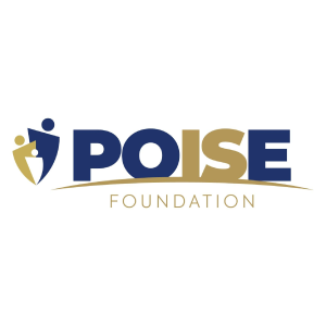 The POISE Foundation logo featuring a blue and gold icon of stylized figures. The word POISE is in large blue and gold block letters above a thin gold arch and the word FOUNDATION in a clean gold font.