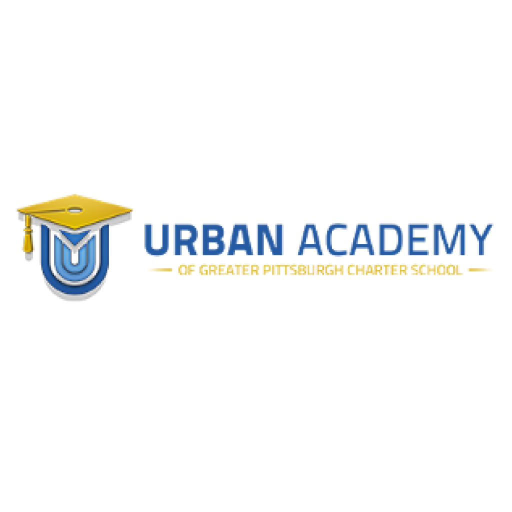 Logo for the Urban Academy of Greater Pittsburgh Charter School featuring a blue letter U wearing a yellow graduation cap. The school's name is written in blue and gold text with horizontal line accents.