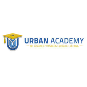 Logo for the Urban Academy of Greater Pittsburgh Charter School featuring a blue letter U wearing a yellow graduation cap. The school's name is written in blue and gold text with horizontal line accents.