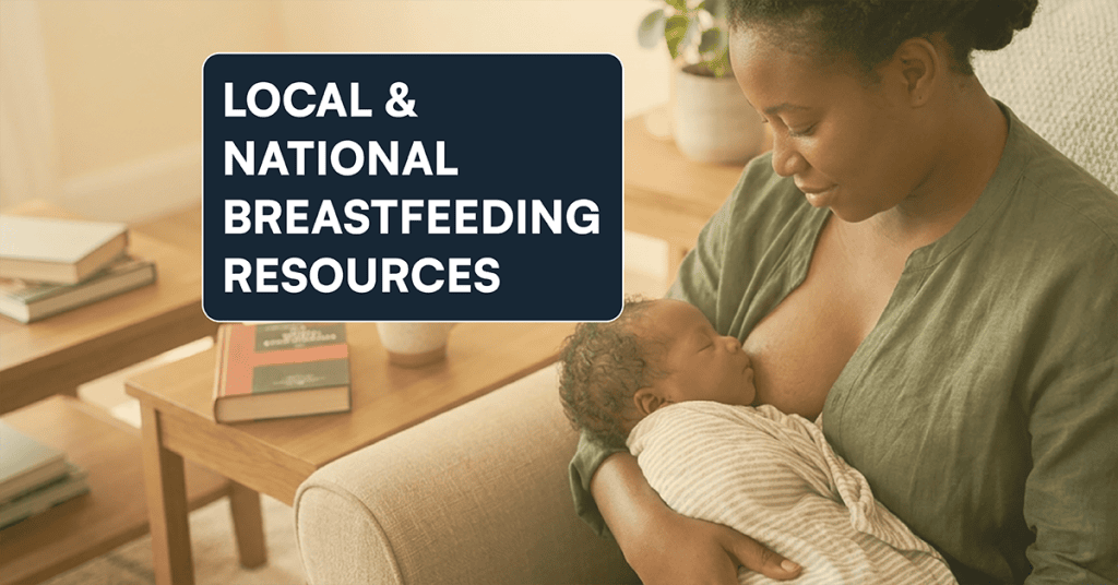 Square graphic featuring a dark blue text overlay reading "LOCAL & NATIONAL BREASTFEEDING RESOURCES" alongside a photo of a Black mother nursing her swaddled newborn baby.